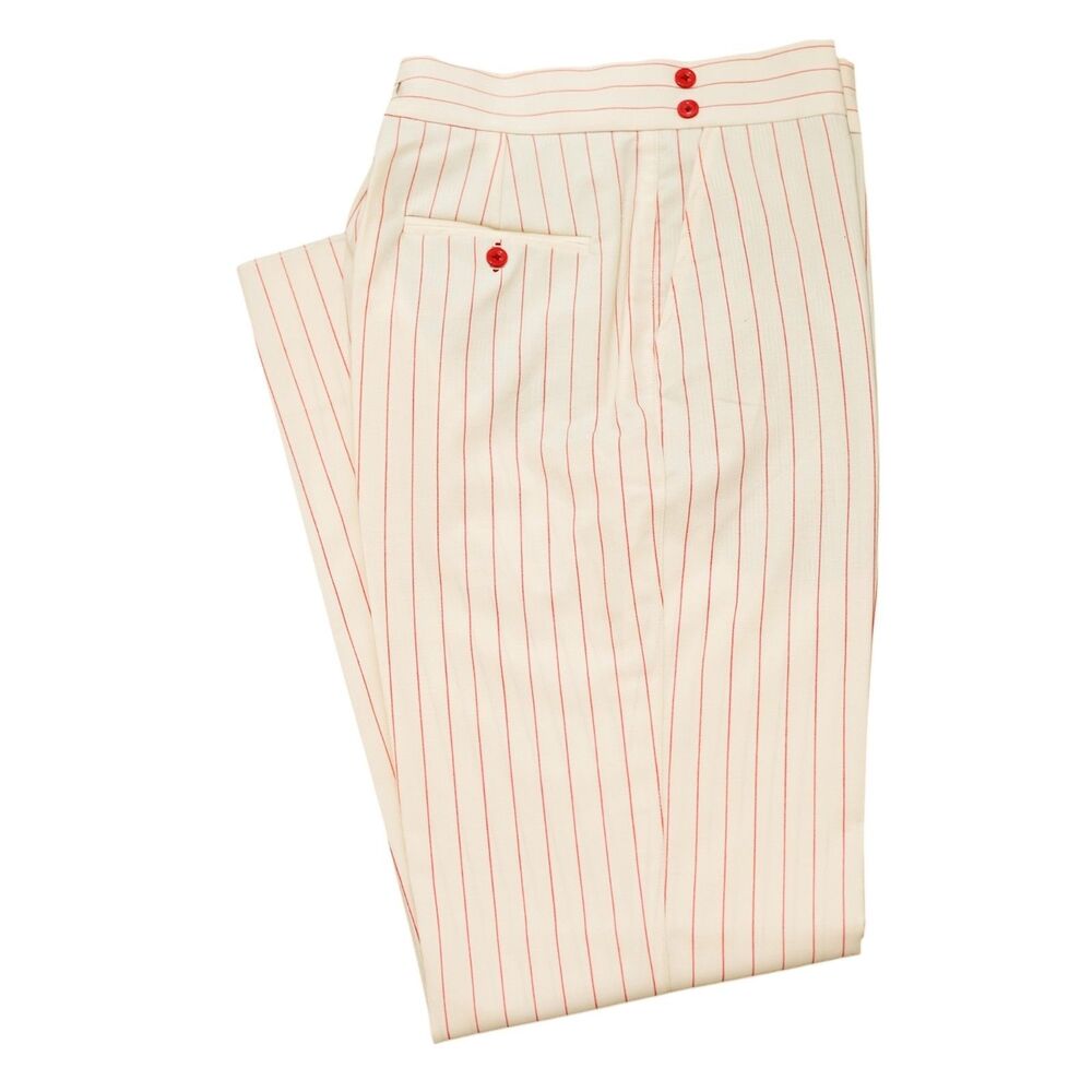 Mens 32 Gurkha Pants Cream Red Pinstripe Wool High Waist Flat Front Trousers